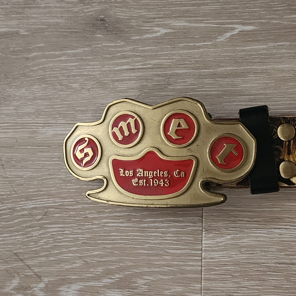 SMET Brass Knuckle Buckle Born On The Street Leather Belt RARE AUTHENTIC!